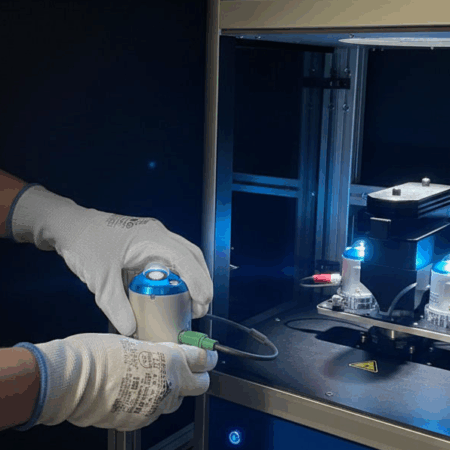 Technician calibrating EKO pyranometer inside laboratory calibration chamber